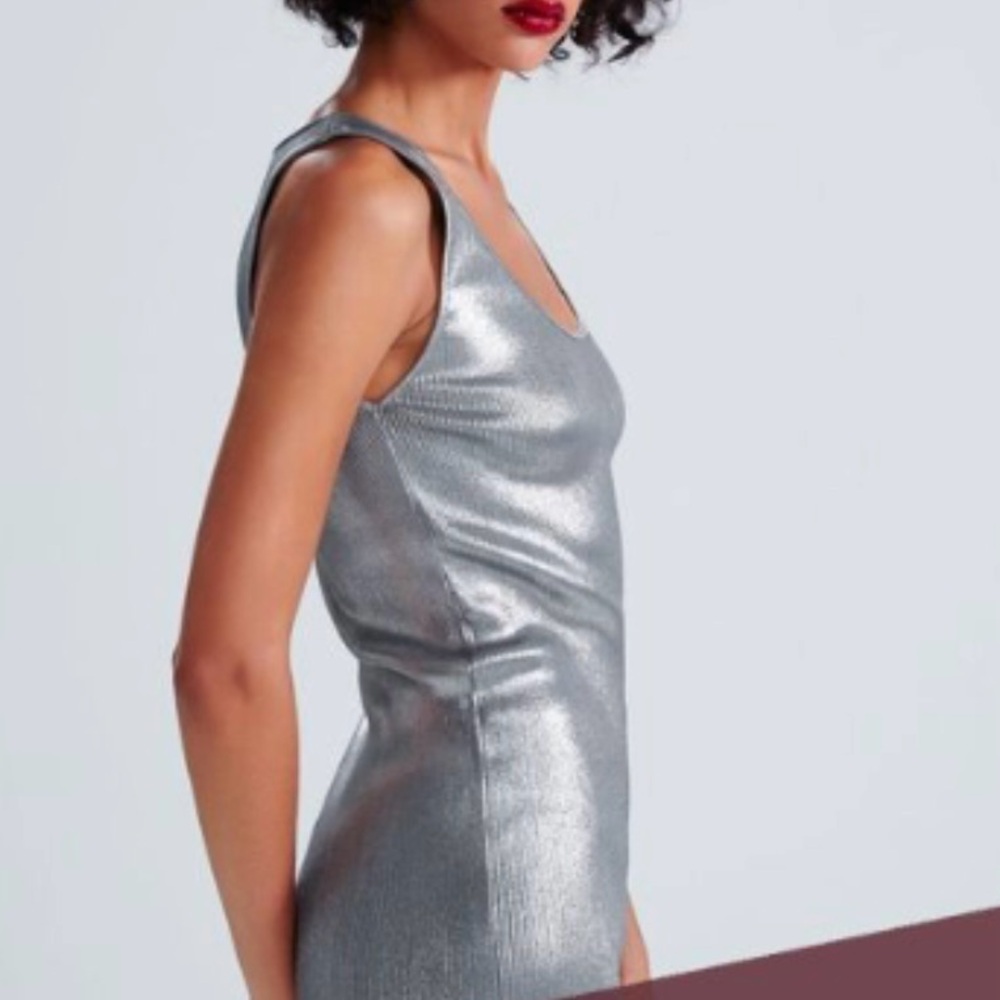ZARA Silver Metallic Ribbed Mini Dress - Picture 4 of 10
